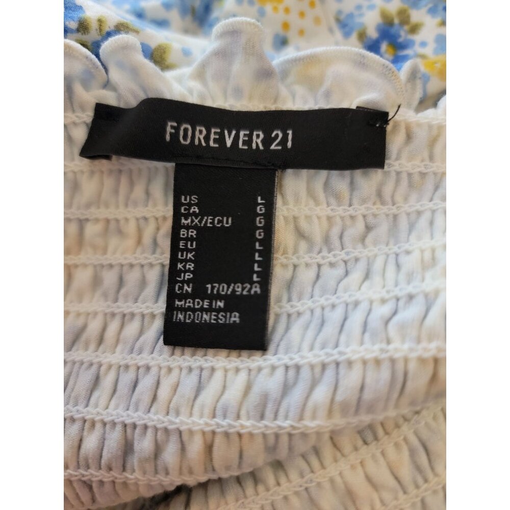 Forever 21 Floral Smocked Ruffle Top L Blue Yellow White - Picture 2 of 3